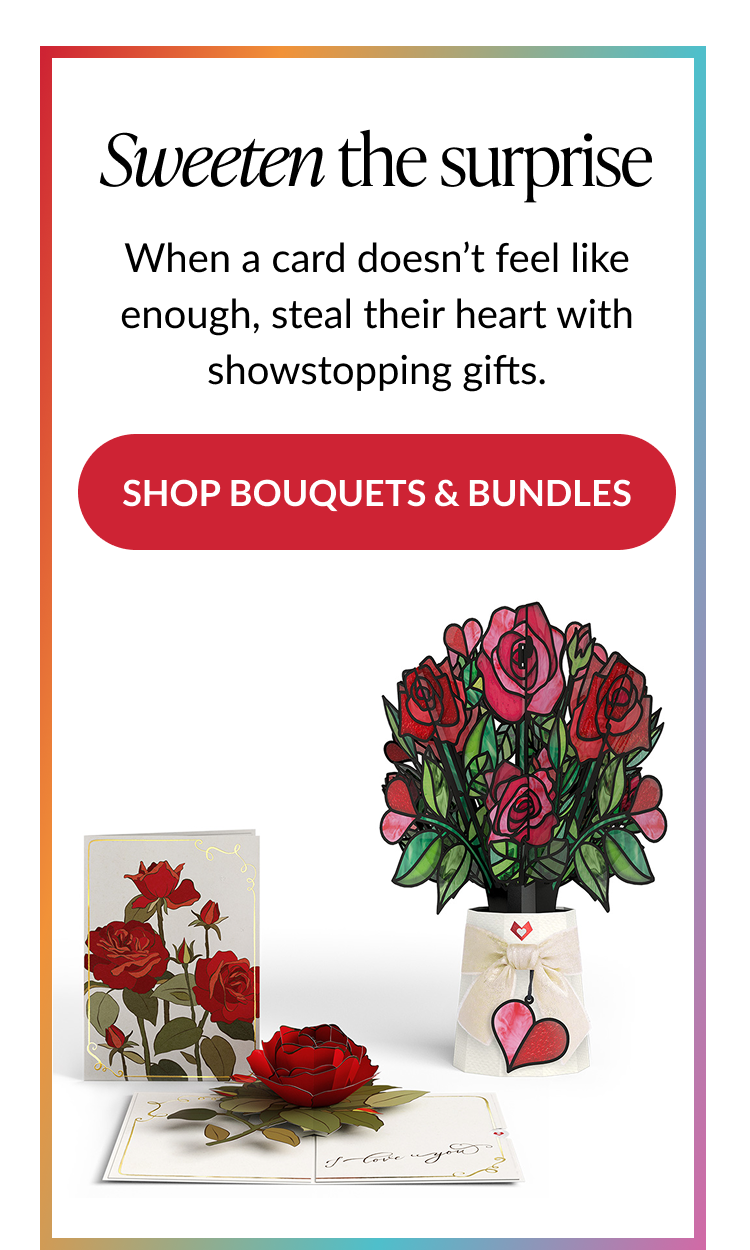 Sweeten the surprise message with roses pop-up card, rose bouquet, and matching gift bundle