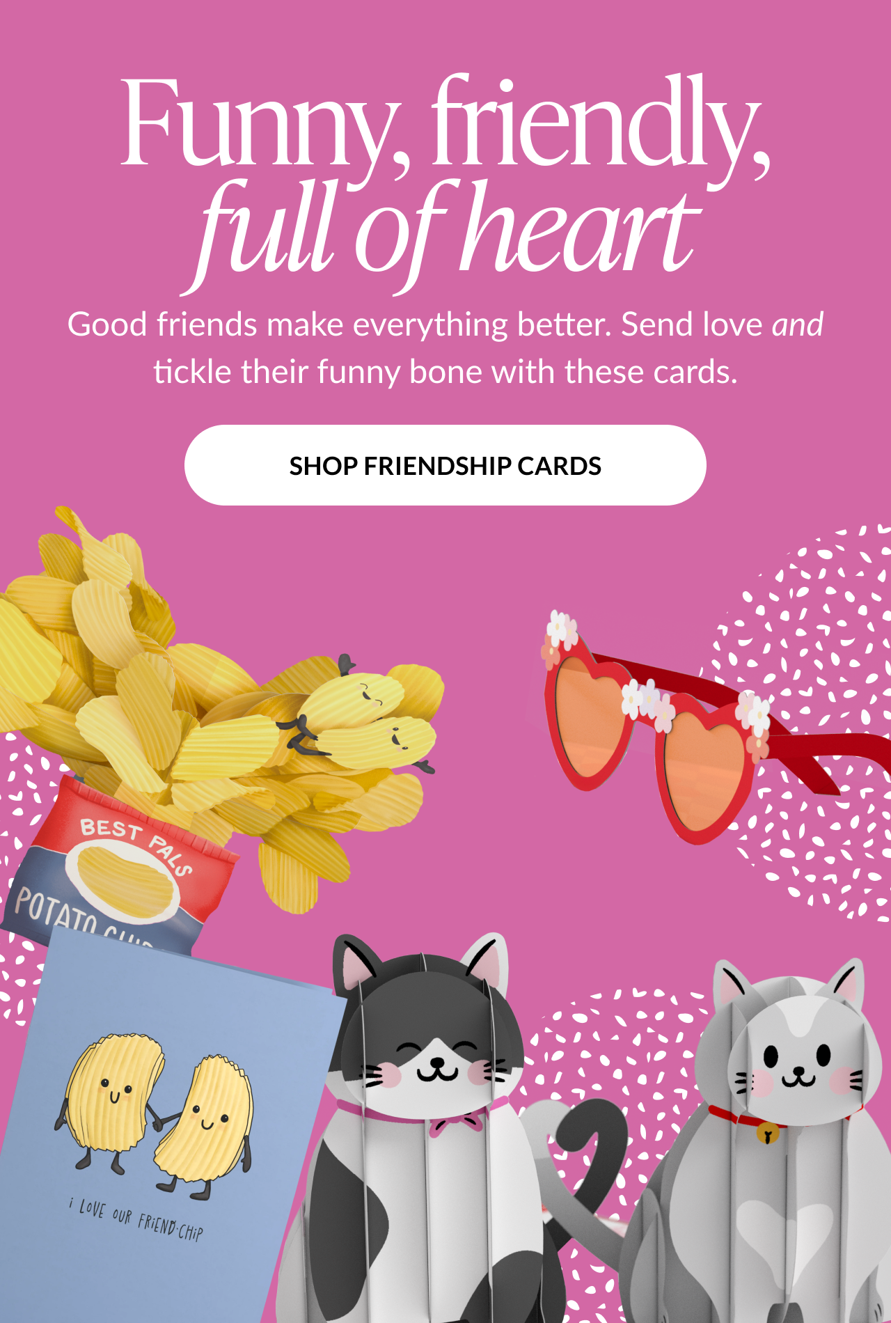 Funny friendship cards promotion with playful illustrations and shop friendship cards button