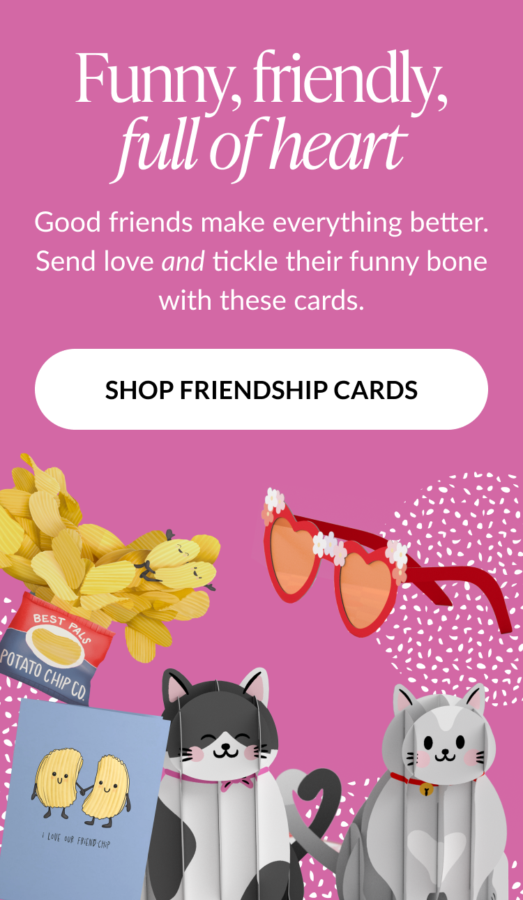 Funny friendship cards promotion with playful illustrations and shop friendship cards button