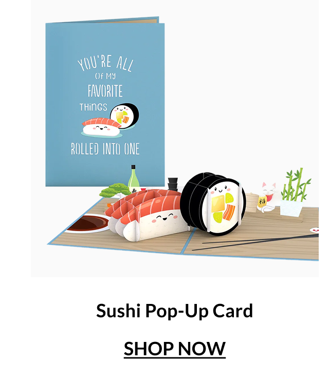 Sushi pop-up card with smiling sushi rolls and Japanese food details