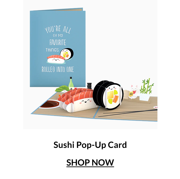 Sushi pop-up card with smiling sushi rolls and Japanese food details