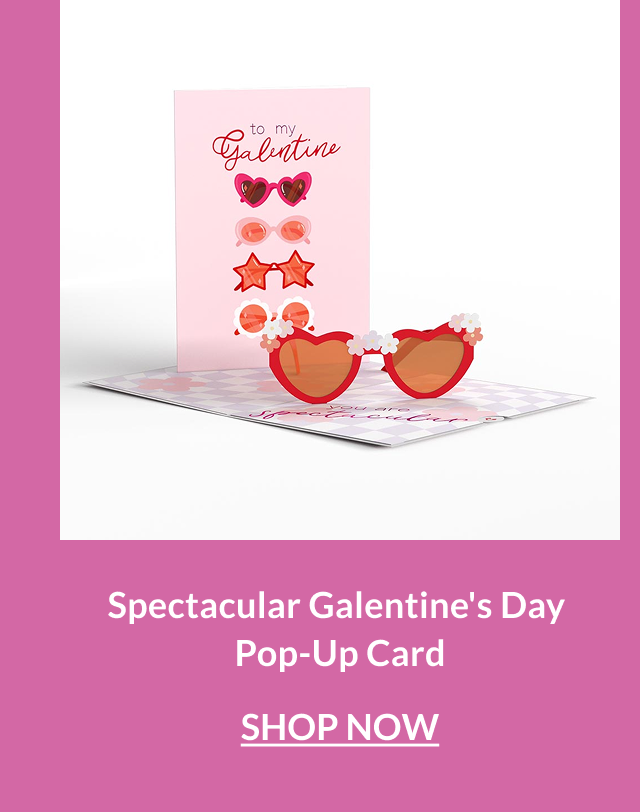 Pop-up Galentine’s card featuring oversized red heart-shaped sunglasses and playful pink graphics inside.