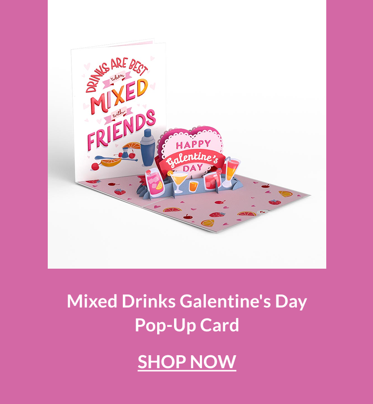 Pop-up Galentine’s Day card with illustrated cocktails, citrus slices, and a “Happy Galentine’s Day” sign on a festive tabletop.