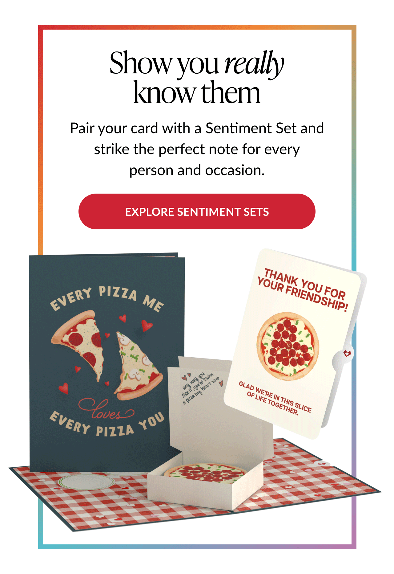 Display of pizza-themed pop-up card and matching sentiment cards with messages about friendship and love, arranged on a red checkered surface.