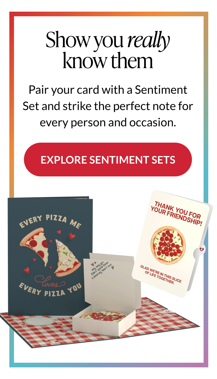 Display of pizza-themed pop-up card and matching sentiment cards with messages about friendship and love, arranged on a red checkered surface.