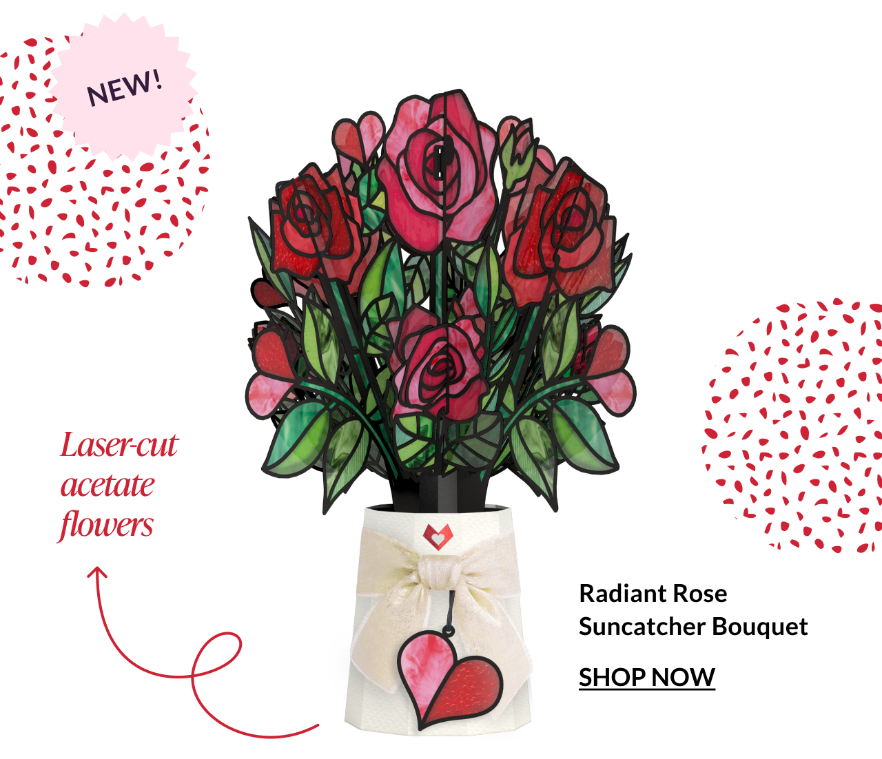 Radiant Rose suncatcher bouquet with laser-cut acetate flowers displayed in a wrapped vase