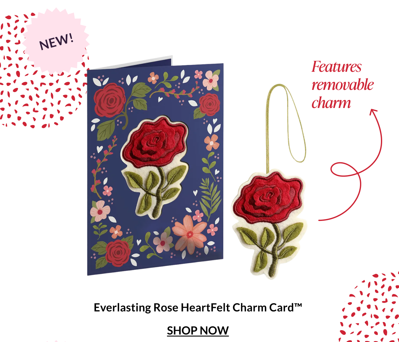 Everlasting Rose HeartFelt Charm Card with removable embroidered rose charm shown beside the card