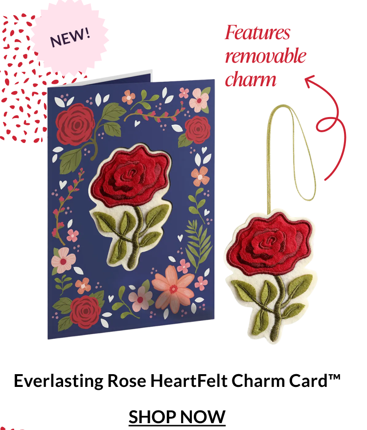 Everlasting Rose HeartFelt Charm Card with removable embroidered rose charm shown beside the card