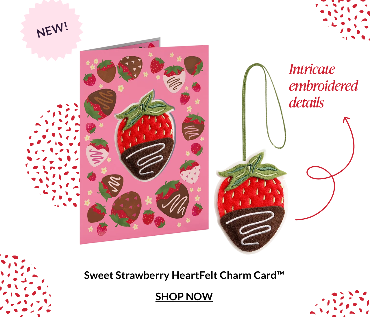 Sweet Strawberry HeartFelt Charm Card featuring a removable embroidered strawberry charm