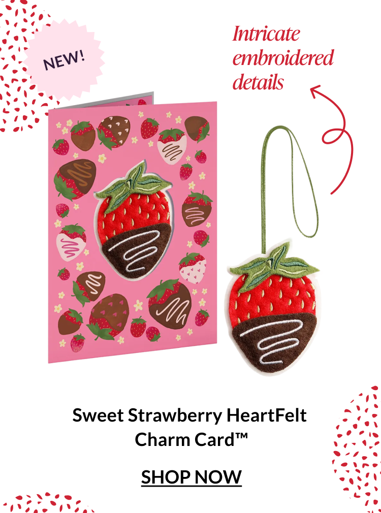 Sweet Strawberry HeartFelt Charm Card featuring a removable embroidered strawberry charm