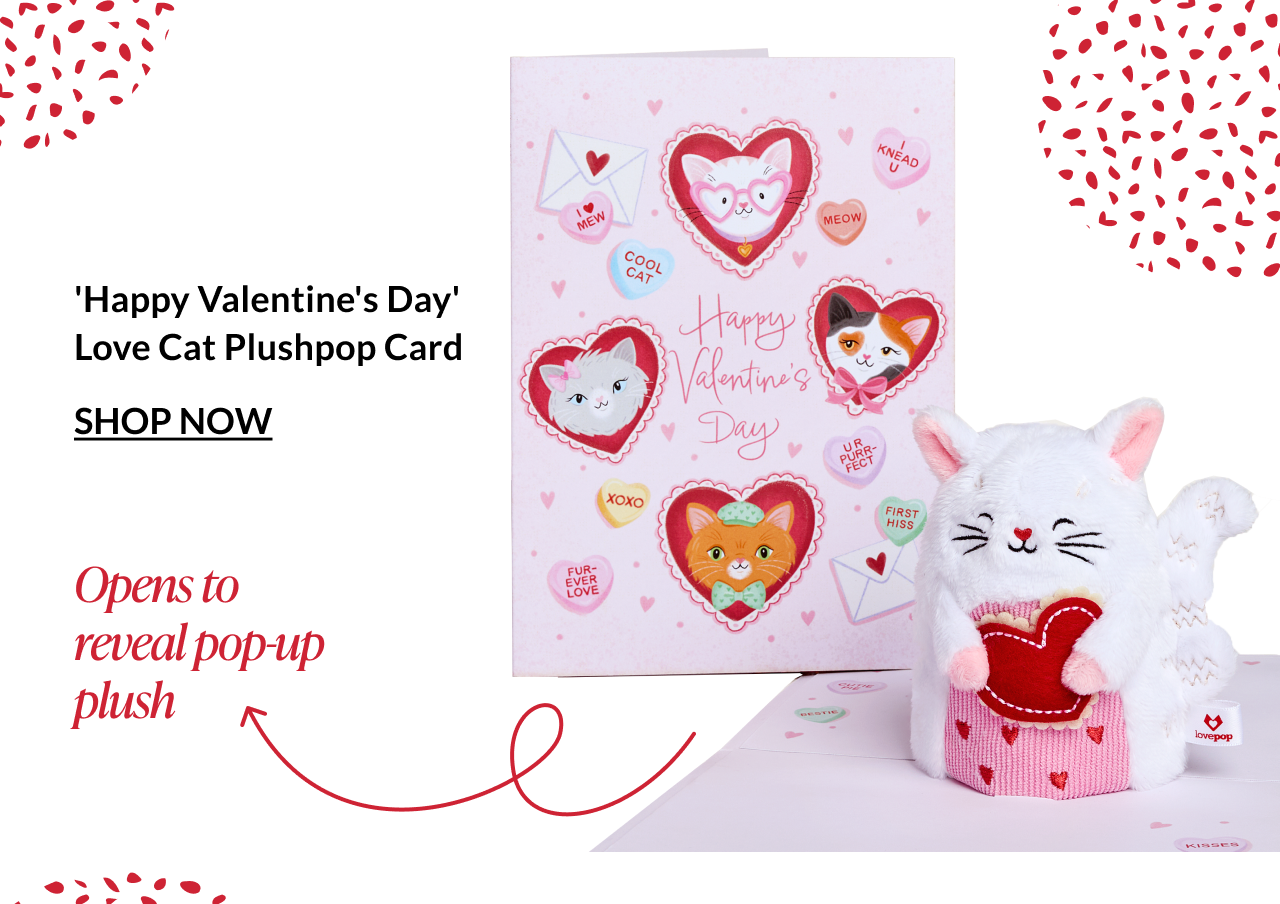 Valentine’s Day Love Cat Plushpop card opening to reveal a plush cat holding a heart