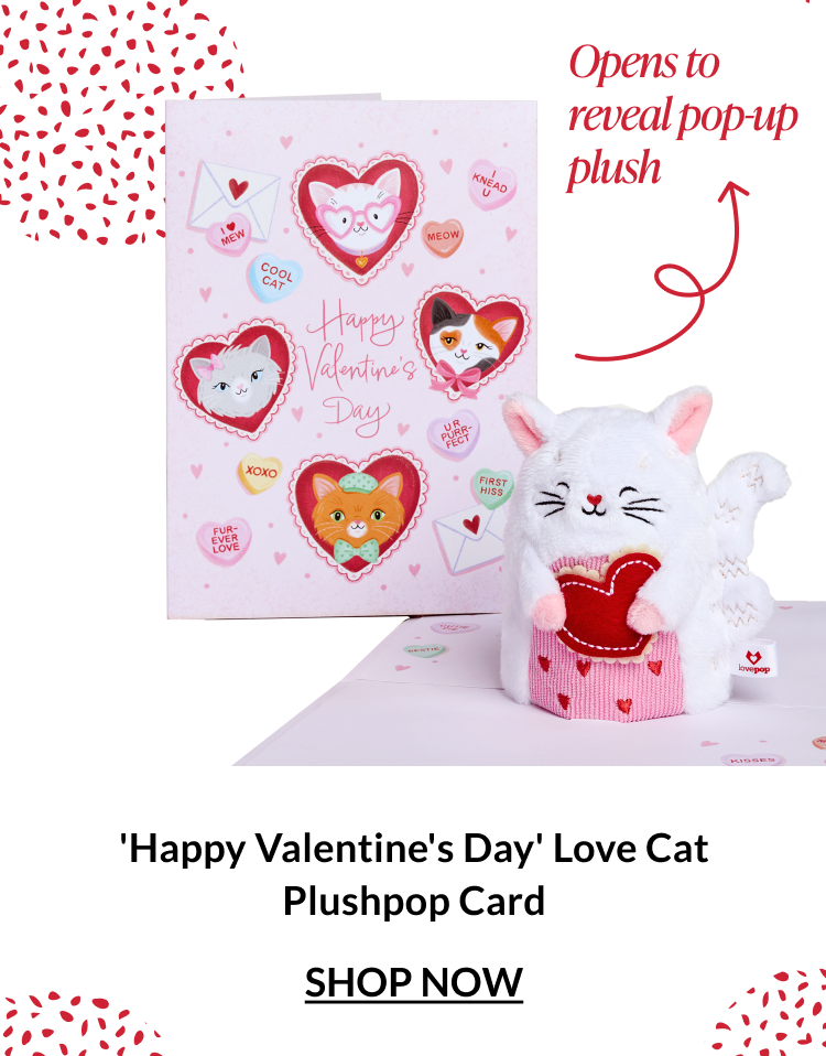 Valentine’s Day Love Cat Plushpop card opening to reveal a plush cat holding a heart