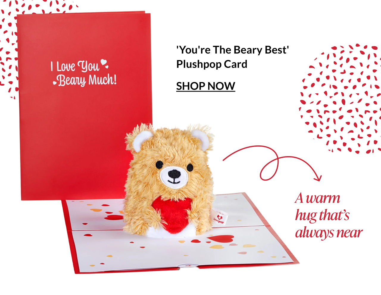 “You’re the Beary Best” Plushpop card opened to reveal a plush bear holding a red heart