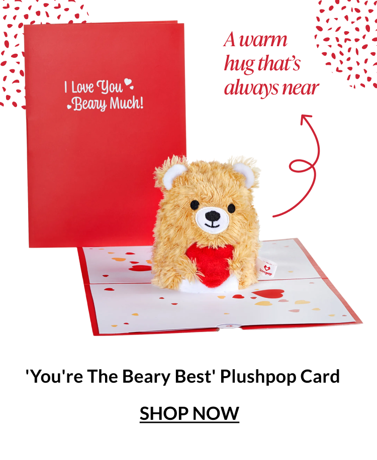 “You’re the Beary Best” Plushpop card opened to reveal a plush bear holding a red heart