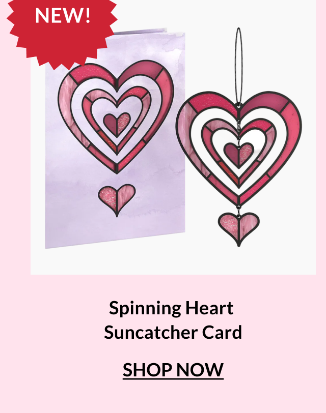 Spinning Heart suncatcher card with layered heart design shown next to the matching card