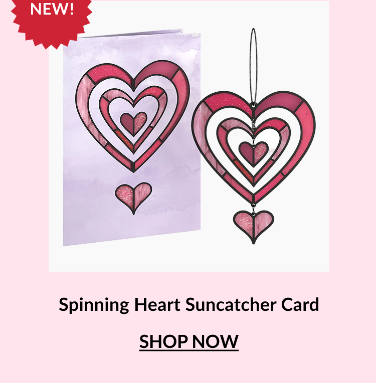 Spinning Heart suncatcher card with layered heart design shown next to the matching card