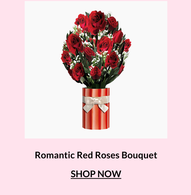 Romantic Red Roses bouquet arranged in a red vase with a ribbon