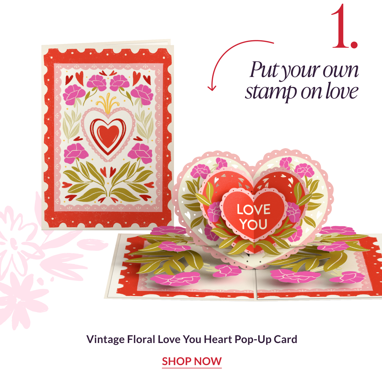 Vintage floral heart pop-up card with layered heart design and love message