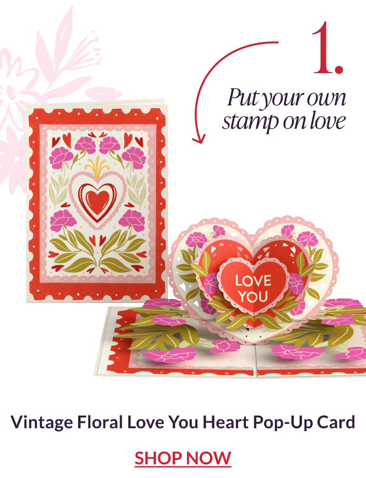 Vintage floral heart pop-up card with layered heart design and love message