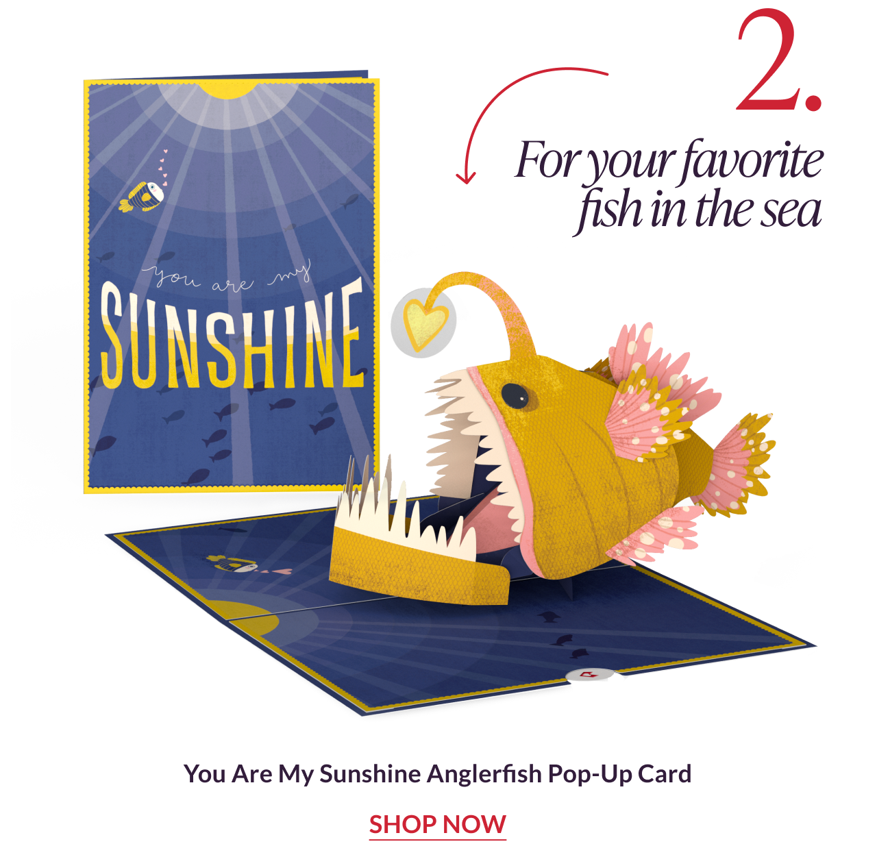 You Are My Sunshine anglerfish pop-up card with glowing fish and underwater scene