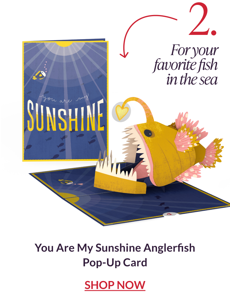 You Are My Sunshine anglerfish pop-up card with glowing fish and underwater scene