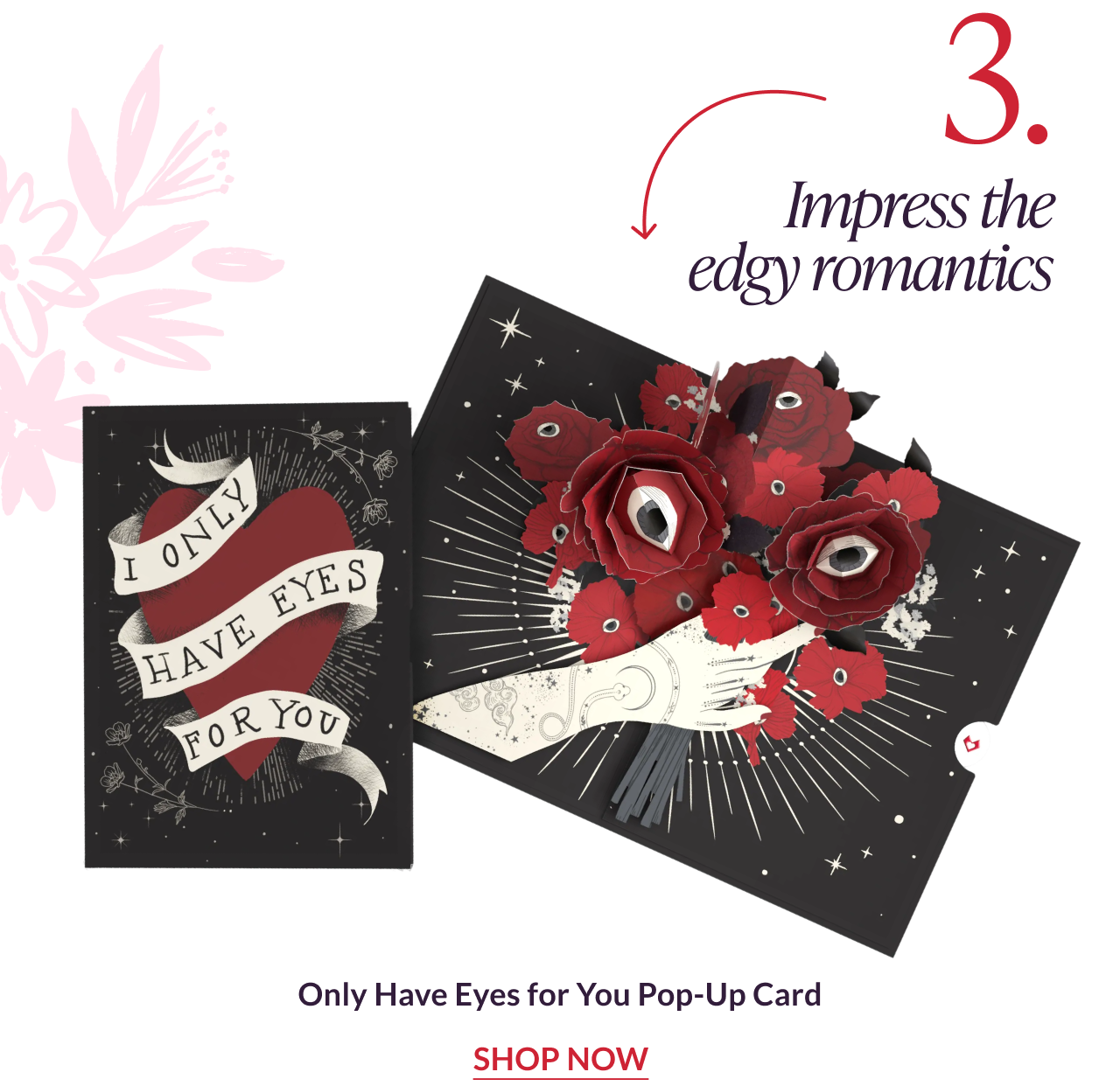 Only Have Eyes for You pop-up card with red roses and illustrated eyes