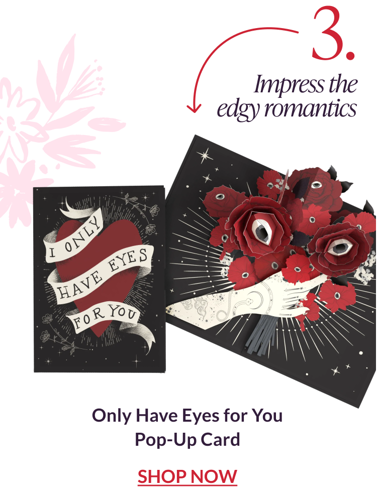 Only Have Eyes for You pop-up card with red roses and illustrated eyes