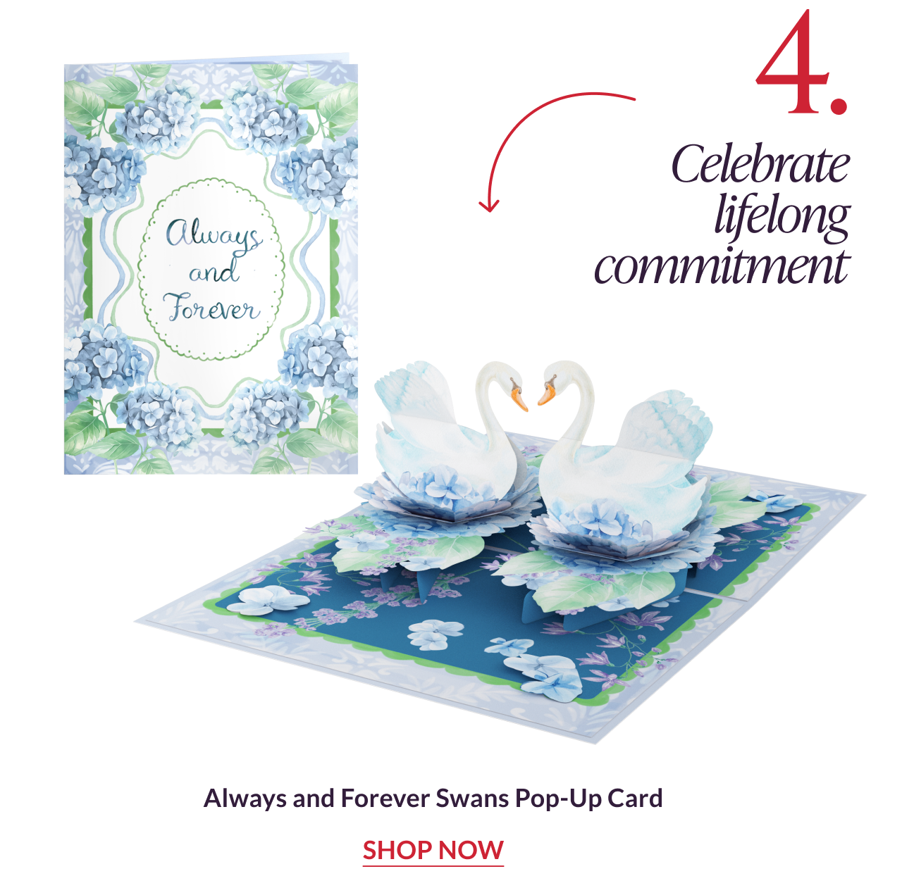 Always and Forever swans pop-up card with two swans forming a heart on a floral pond