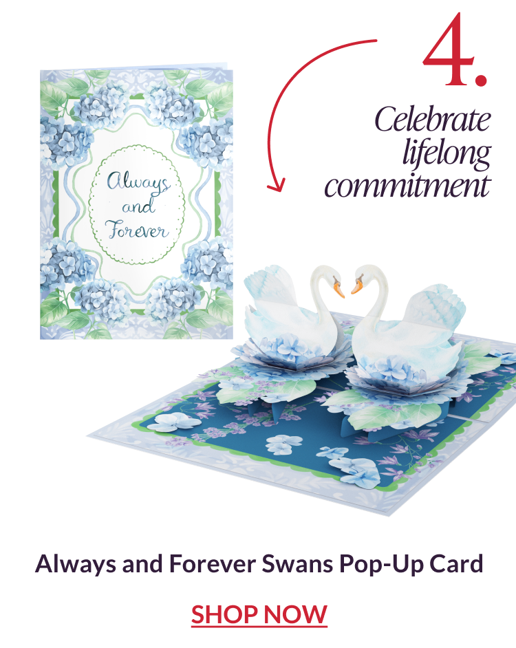 Always and Forever swans pop-up card with two swans forming a heart on a floral pond
