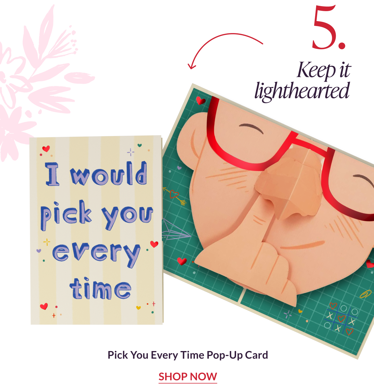 Pick You Every Time pop-up card with playful illustration and lighthearted message