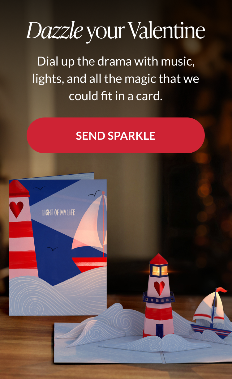 Dazzle your Valentine banner featuring Light of My Life lighthouse light-up pop-up card