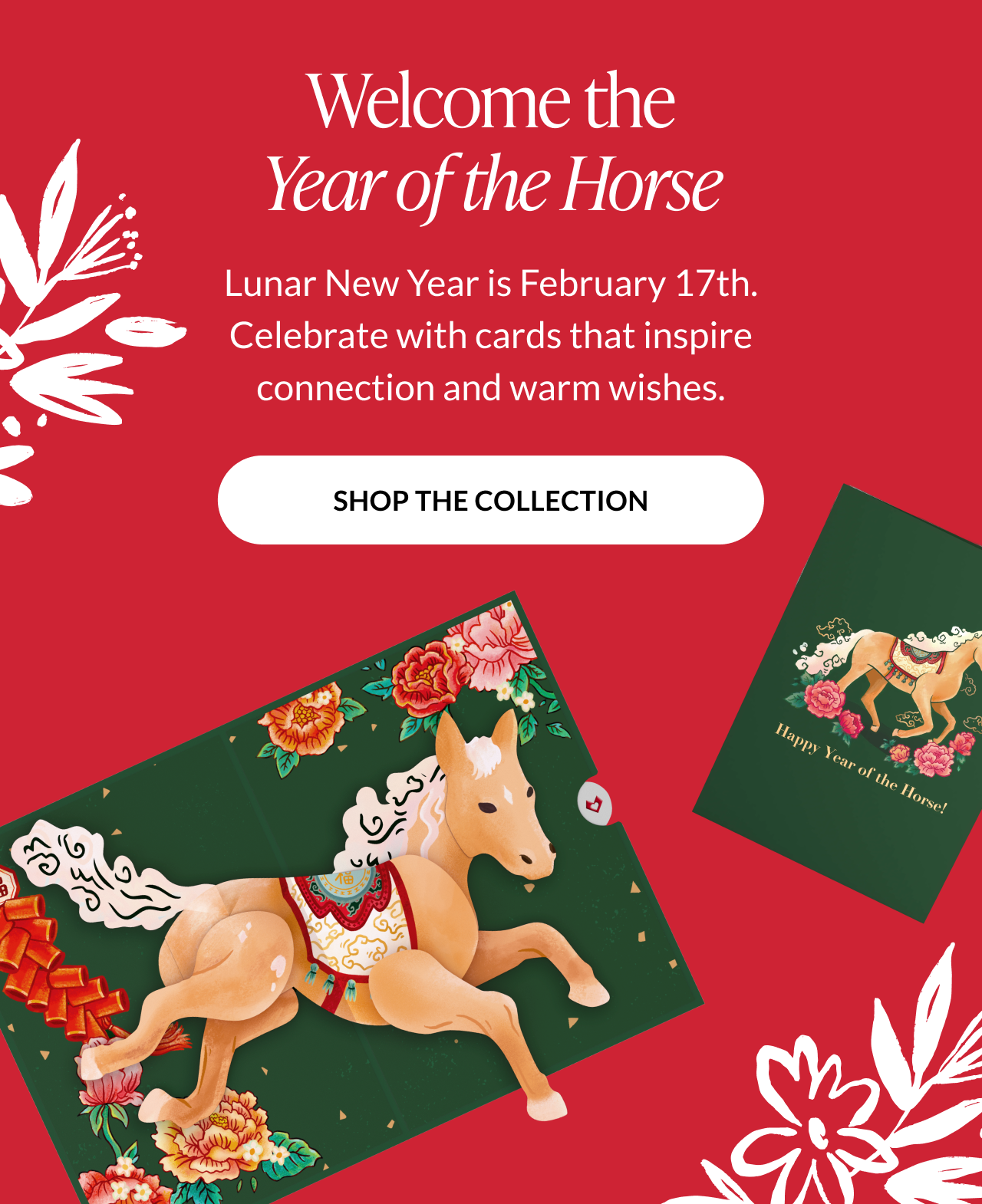 Lunar New Year banner welcoming the Year of the Horse with festive pop-up card designs