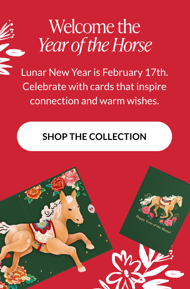 Lunar New Year banner welcoming the Year of the Horse with festive pop-up card designs