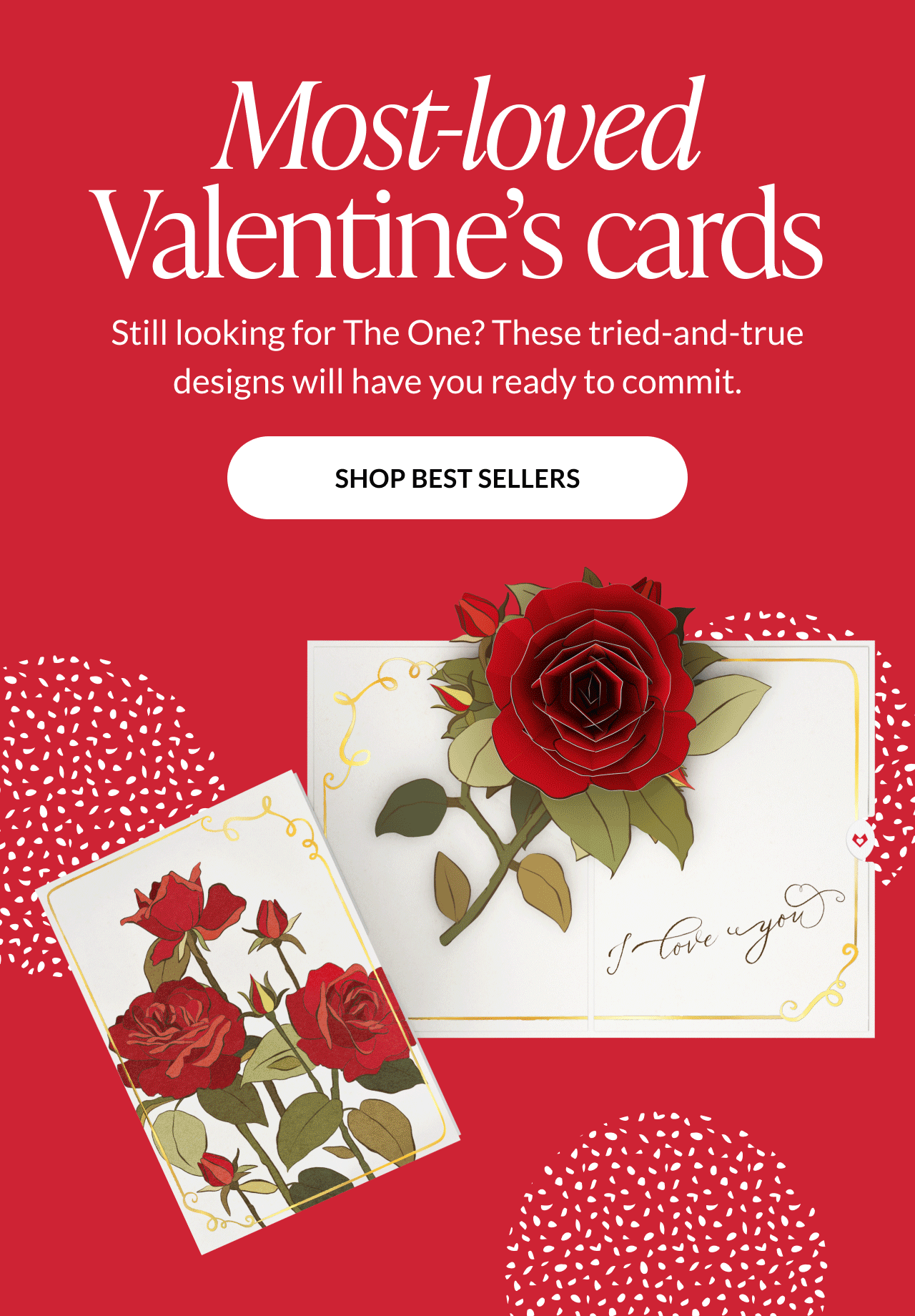 Most-loved Valentine’s cards headline with red background and rose pop-up card