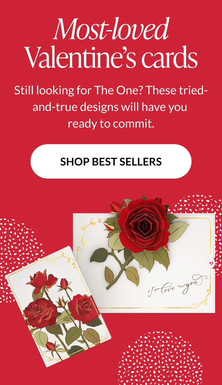 Most-loved Valentine’s cards headline with red background and rose pop-up card