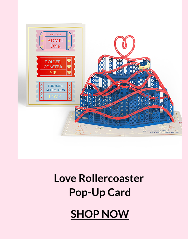 Love Rollercoaster pop-up card with blue roller coaster and heart track