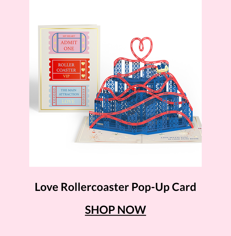 Love Rollercoaster pop-up card with blue roller coaster and heart track
