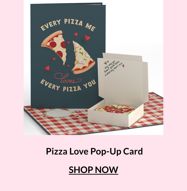Pizza Love pop-up card with pizza box and slice design