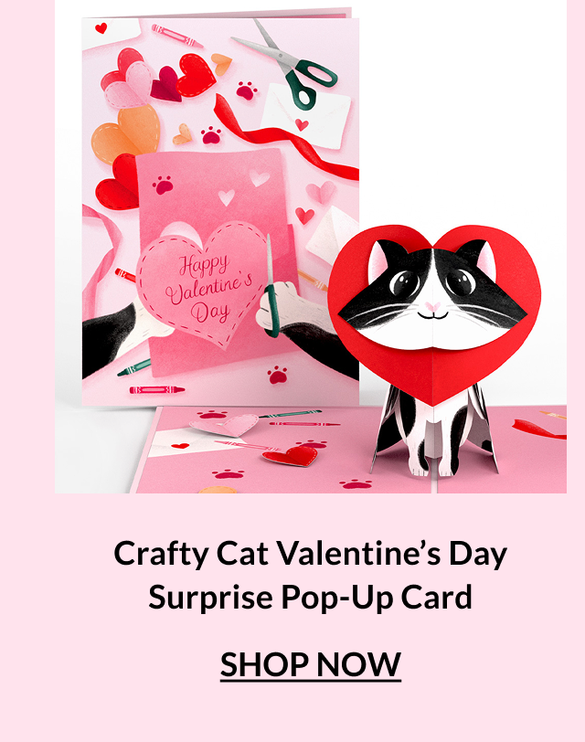 Crafty Cat Valentine’s Day surprise pop-up card with heart-faced cat