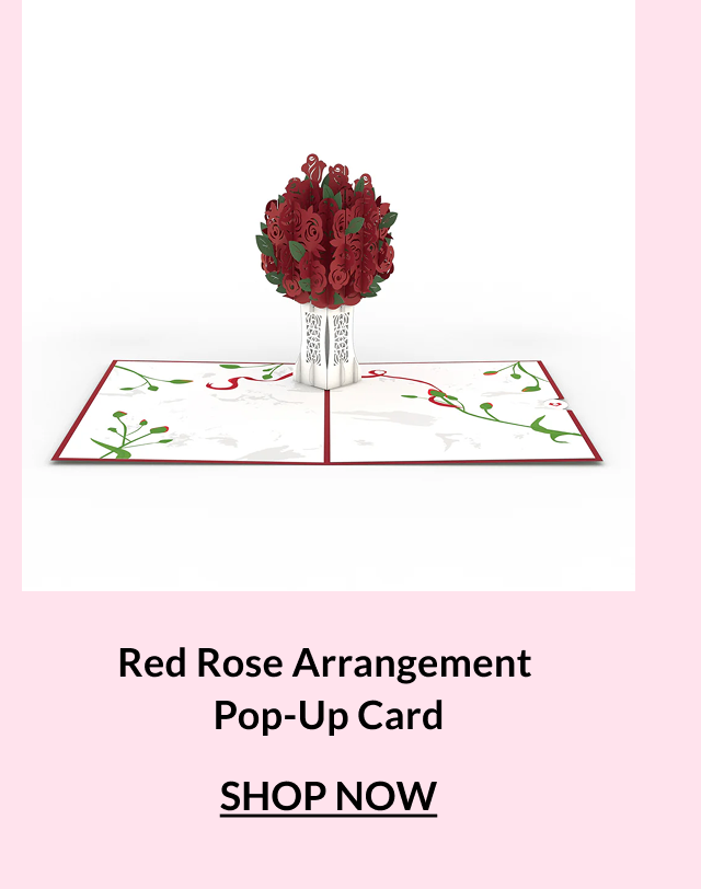 Red rose arrangement pop-up card displayed open