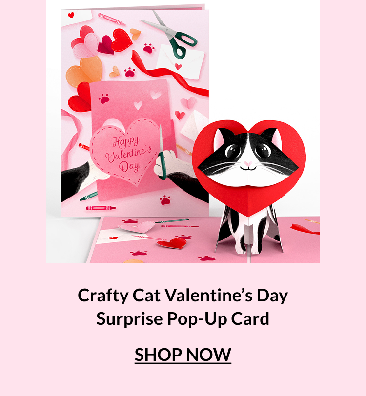 Crafty Cat Valentine’s Day surprise pop-up card with heart-faced cat
