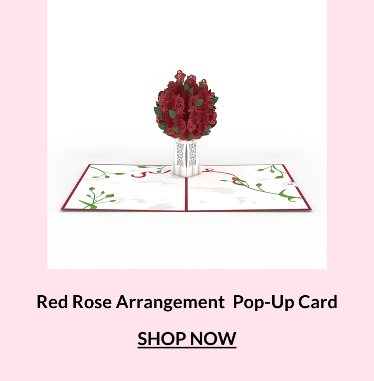 Red rose arrangement pop-up card displayed open
