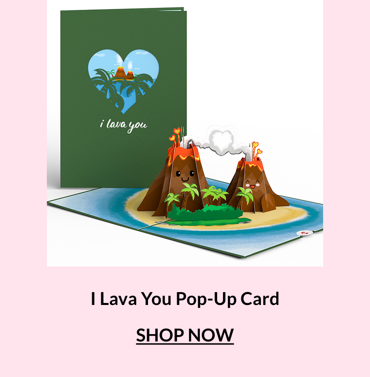 I Lava You pop-up card with smiling volcanoes on an island