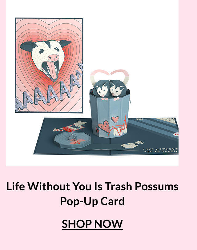 Life Without You Is Trash possums pop-up card with two possums popping out of a trash can