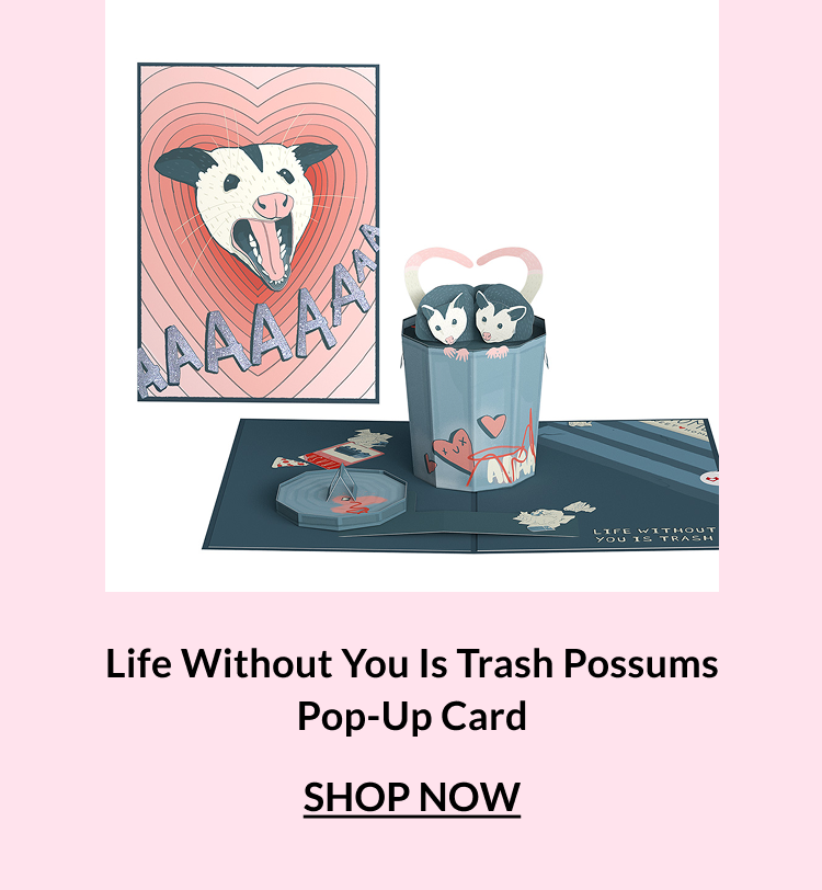 Life Without You Is Trash possums pop-up card with two possums popping out of a trash can