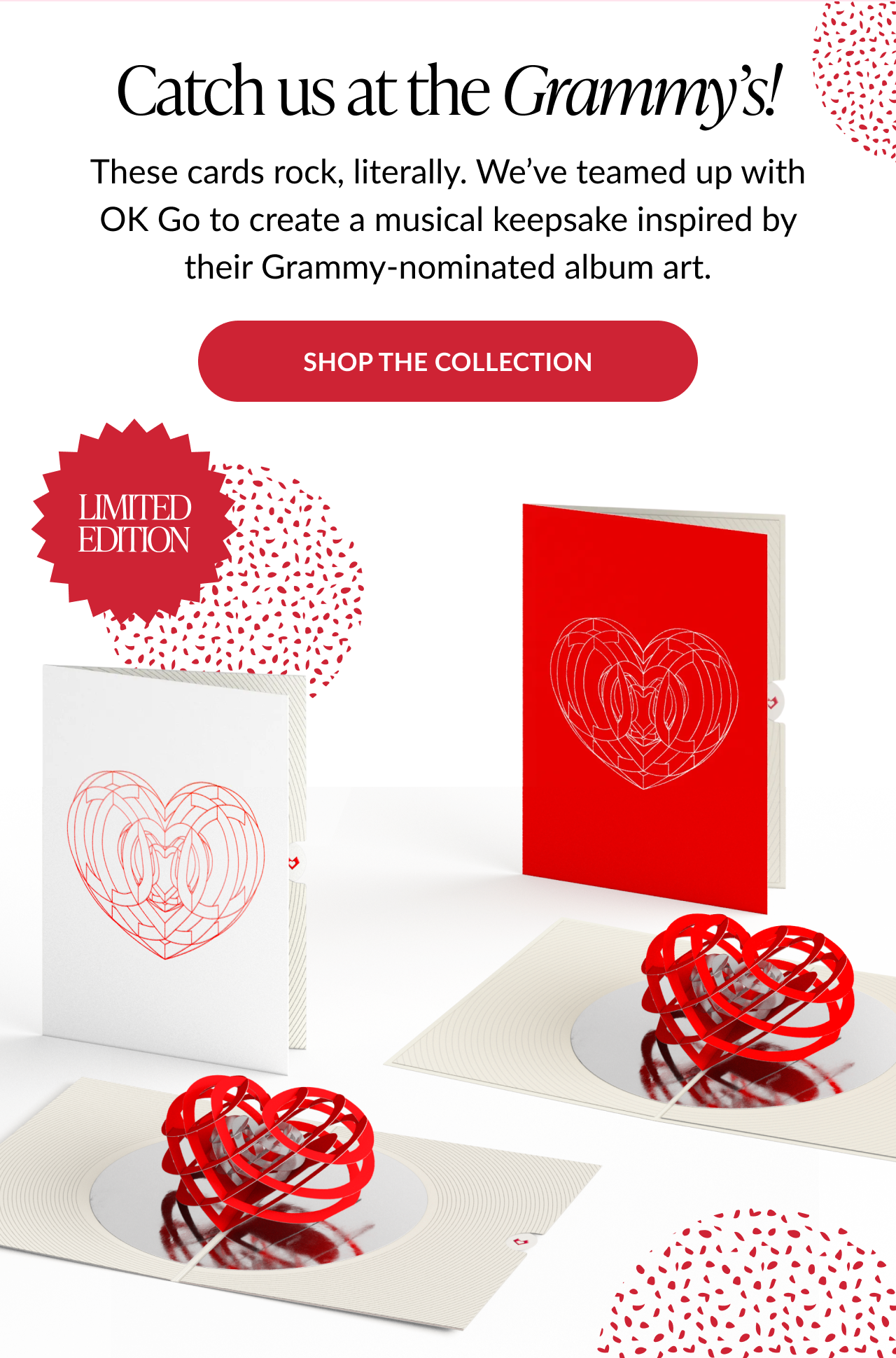 Catch us at the Grammys promotional banner featuring limited edition heart pop-up cards
