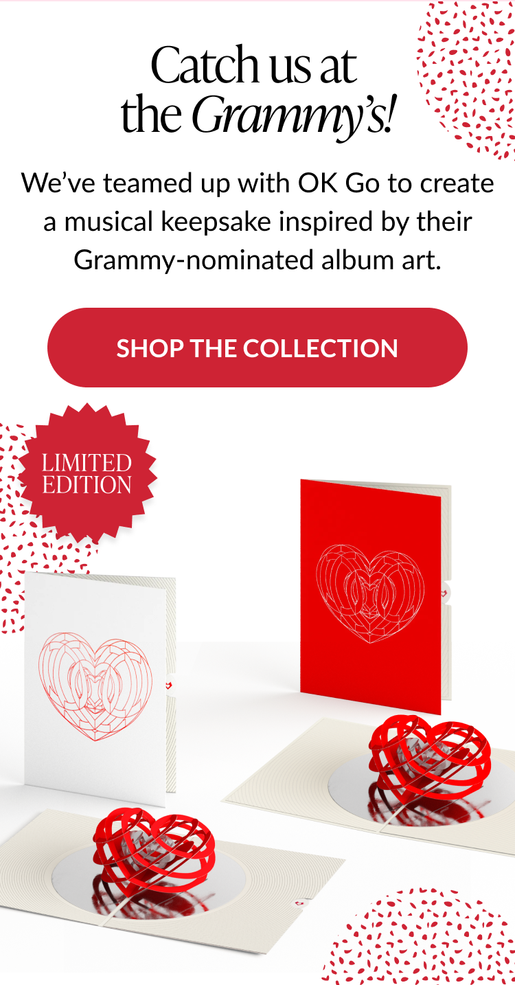 Catch us at the Grammys promotional banner featuring limited edition heart pop-up cards