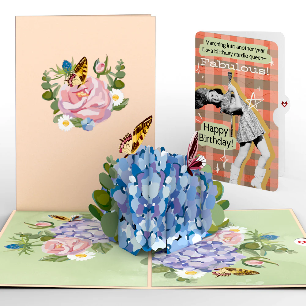 Hydrangea Butterflies Birthday Pop-Up Card and Cardio Queen Sentiment Set