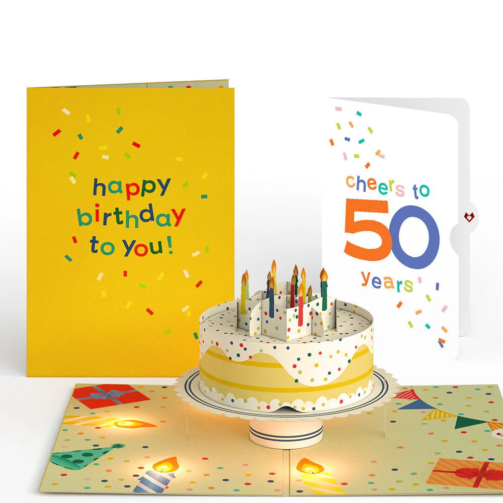Happy Birthday Confetti Cake Music and Lights Pop-Up Card and Cheers to 50th Years Sentiment Set