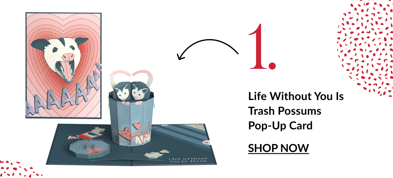 Possum-themed Valentine pop-up card with humorous message
